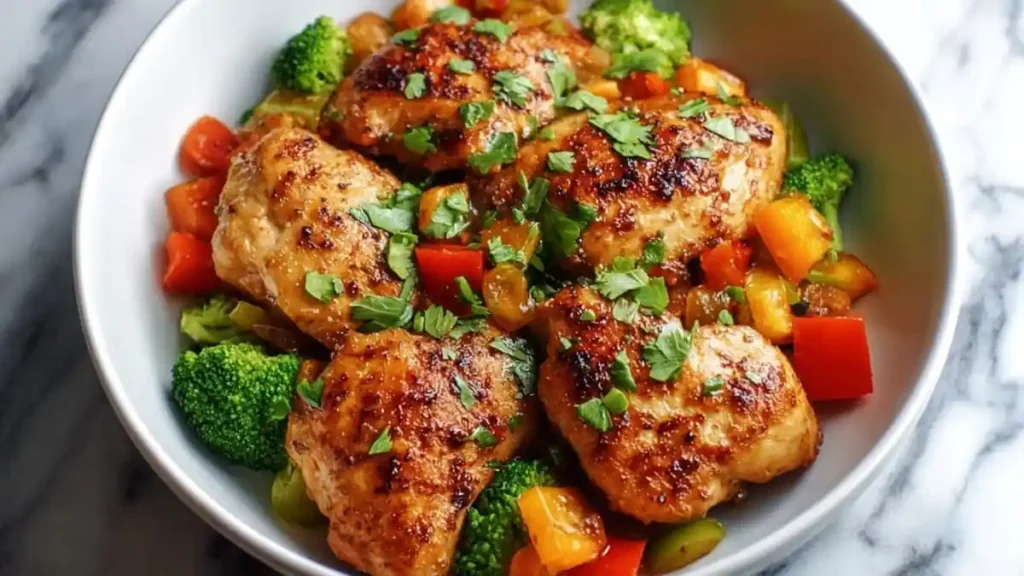 seared chicken thighs served with sautéed bell peppers, carrots, and broccoli in a white bowl