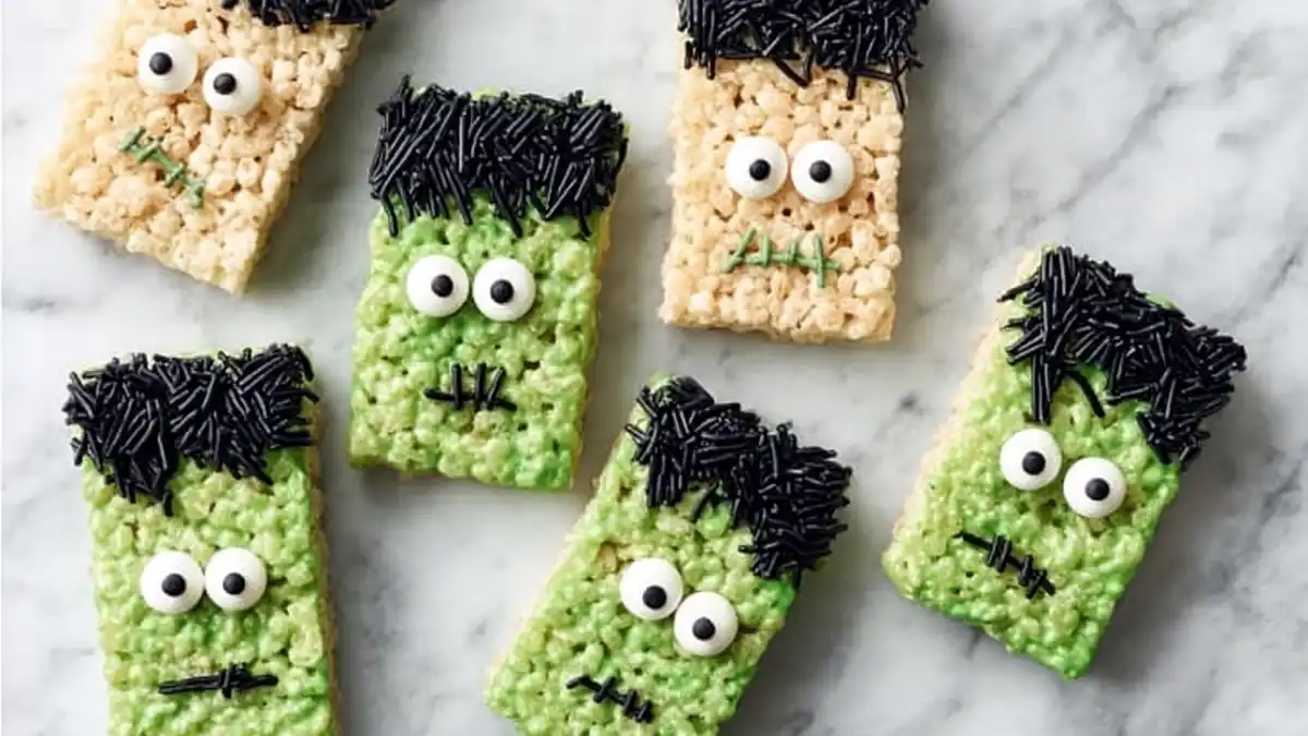 Halloween Frankenstein-themed rice krispie treats decorated with candy eyes and black sprinkles for hair