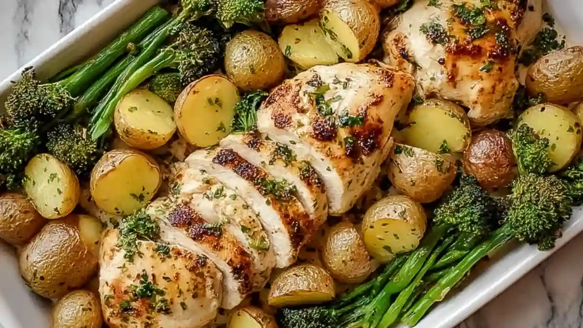 roasted herb chicken breast with golden baby potatoes and broccolini in a white baking dish