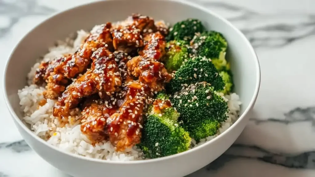 bowl of white rice topped with teriyaki chicken, steamed broccoli, and sesame seeds
