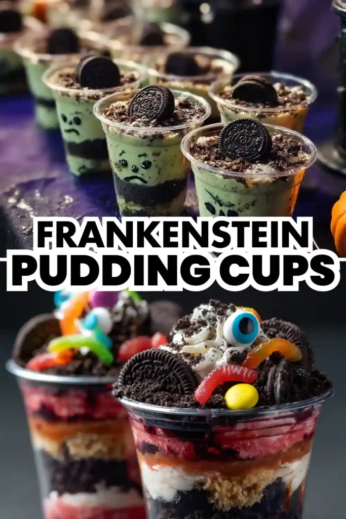 layered green pudding cups decorated like Frankenstein with Oreo crumbs and cookies