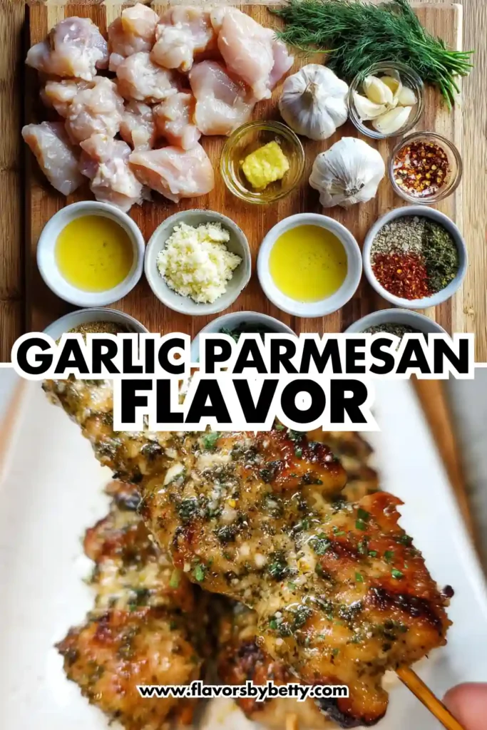 Garlic parmesan chicken skewers with fresh herbs, raw ingredients, and cooked kebabs in a split-image format