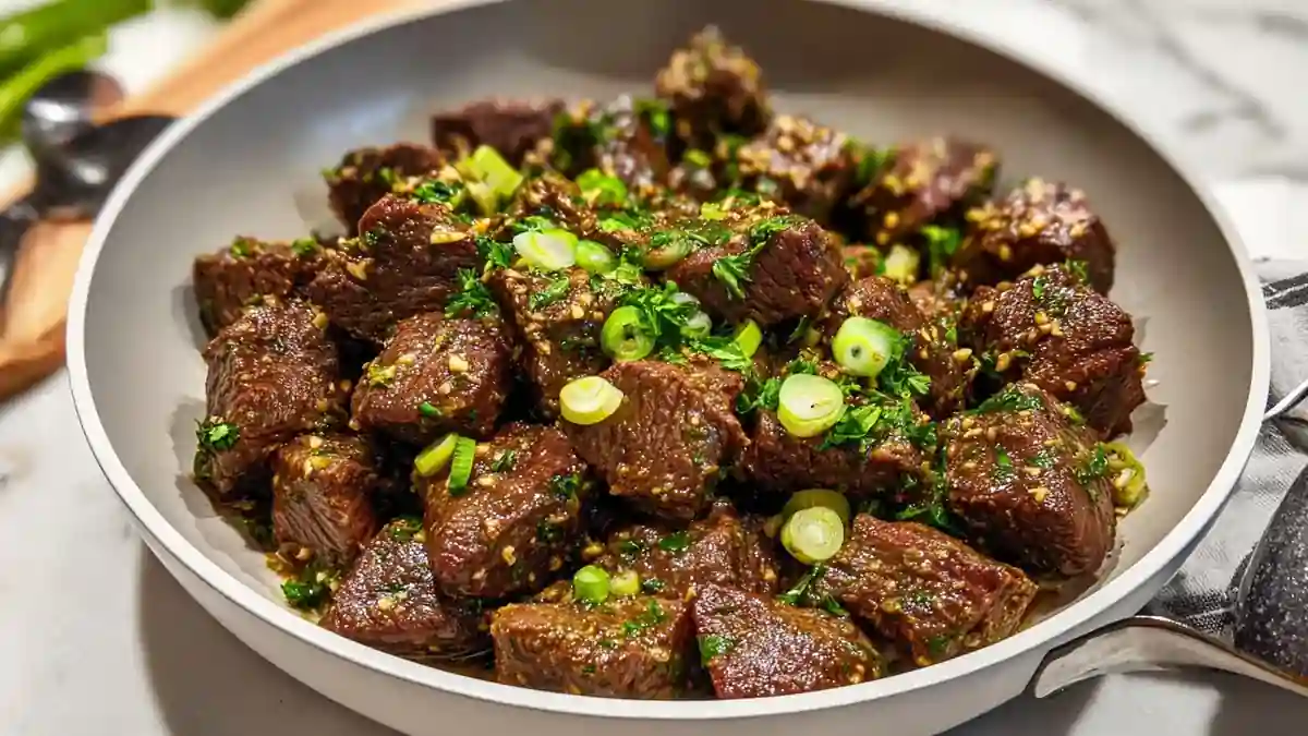 Tender garlic soy-marinated beef cubes garnished with scallions and herbs in a skillet