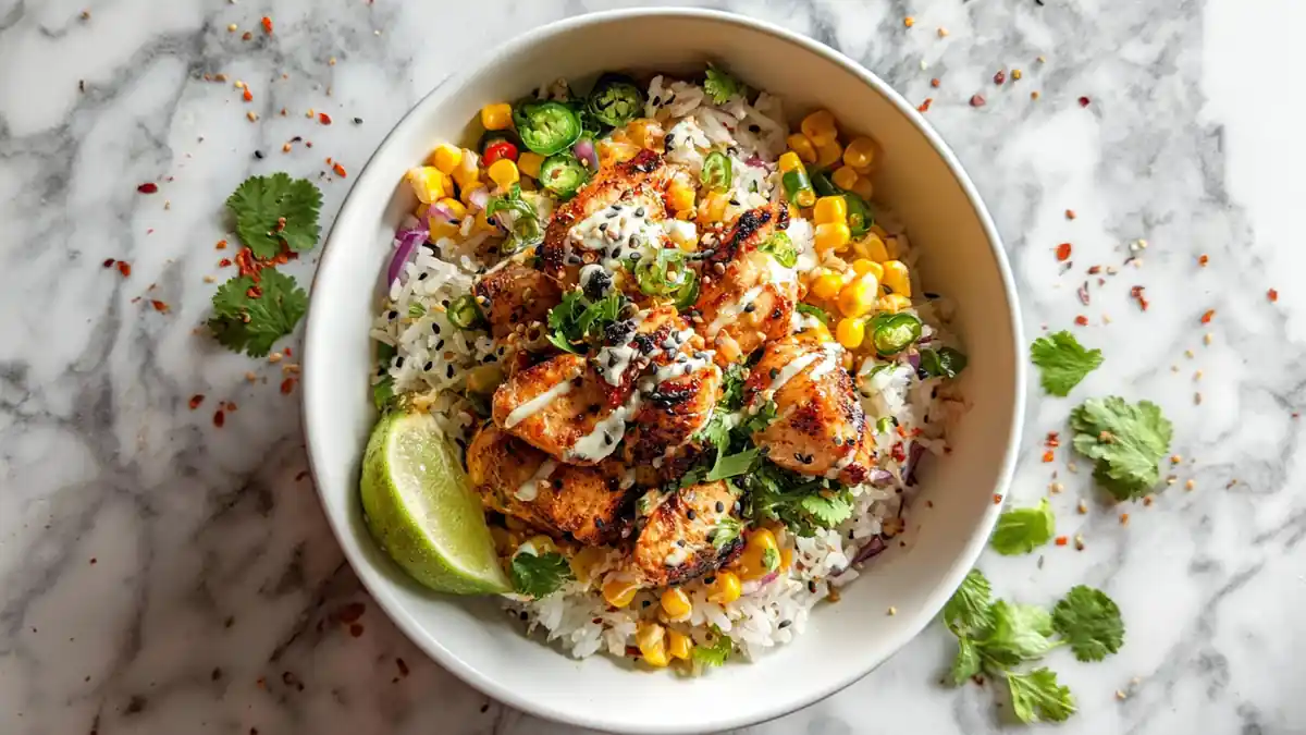 Grilled chicken rice bowl with corn, lime wedge, jalapeños, and sesame seeds on marble background