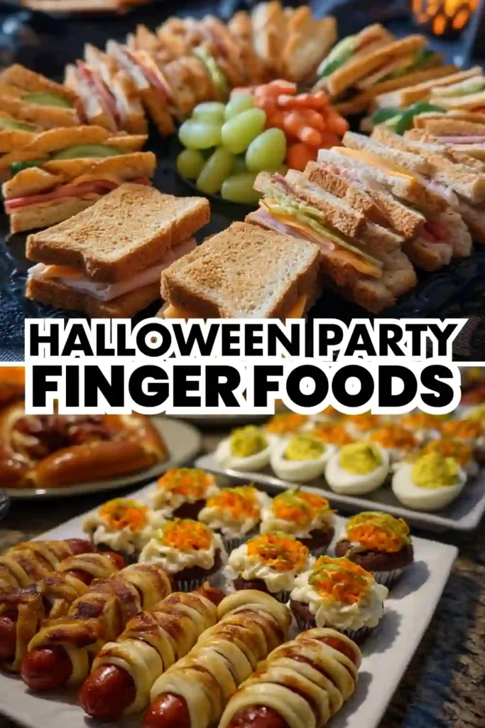 assorted Halloween finger foods with mini sandwiches, deviled eggs, mummy dogs, and festive cupcakes