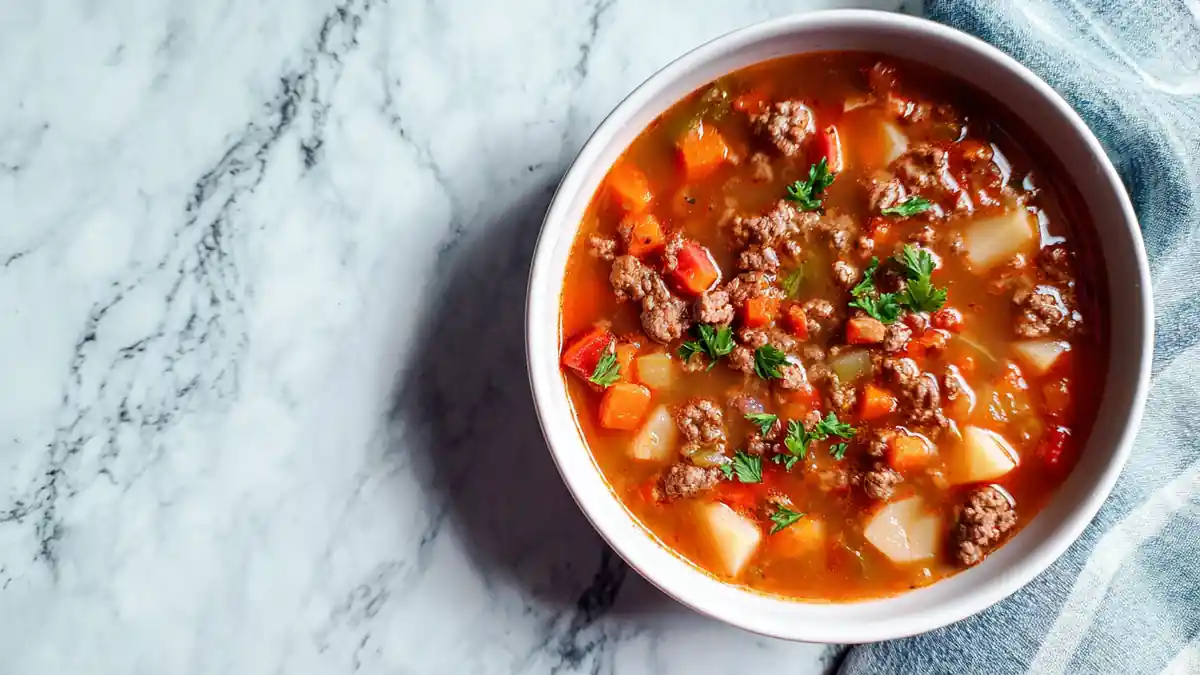 Hearty beef and vegetable soup with carrots, potatoes, and parsley in a white bowl on marble background