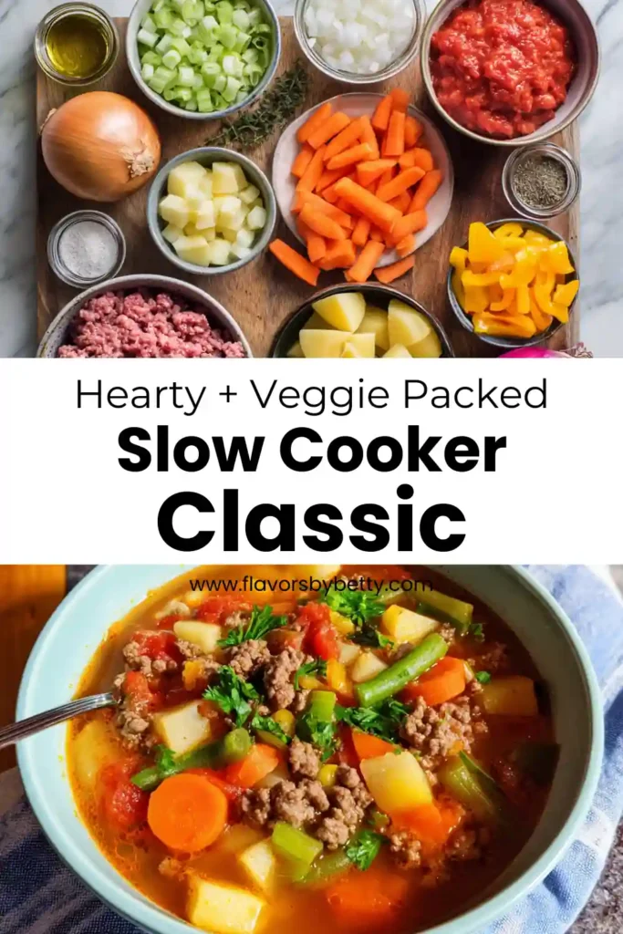 Ingredients for hearty slow cooker soup and final dish with ground beef, potatoes, carrots, and herbs