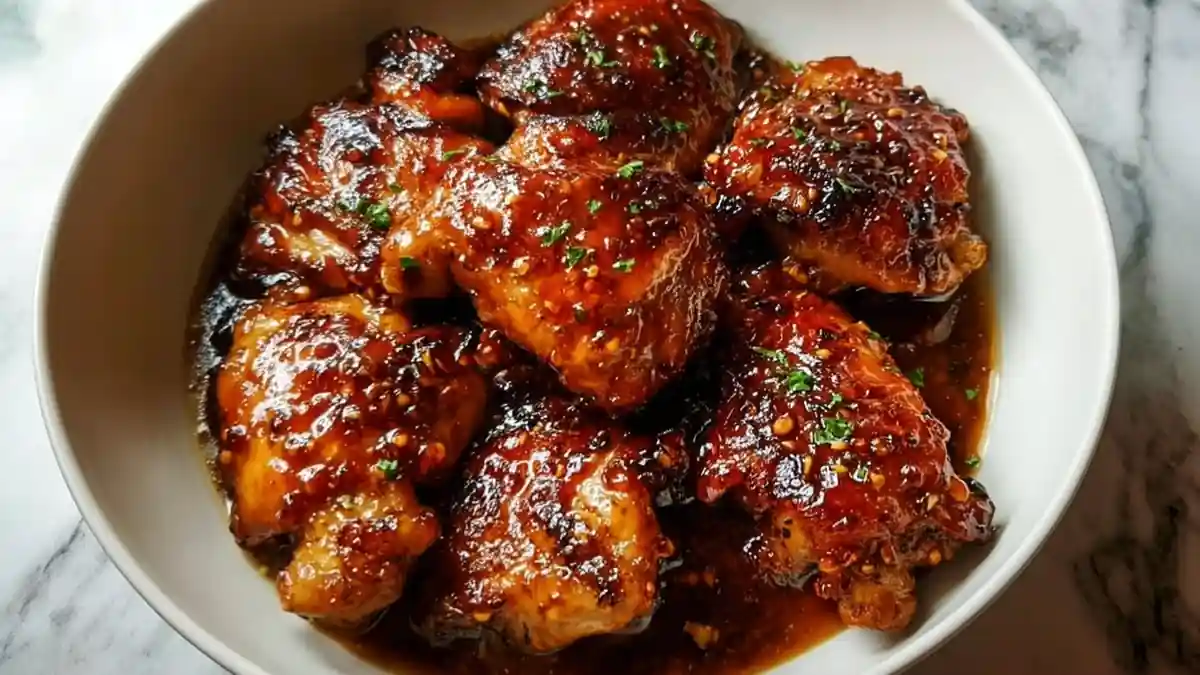 caramelized chicken thighs in a thick honey garlic sauce, garnished with herbs