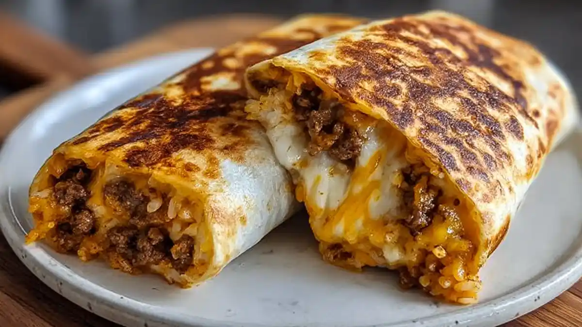 grilled burrito cut in half with seasoned beef, melted cheese, and rice on a white plate