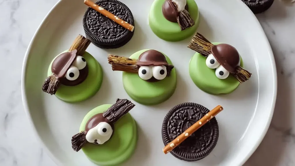 halloween cookies decorated with green frosting, candy eyes, and chocolate witch hats on a white plate