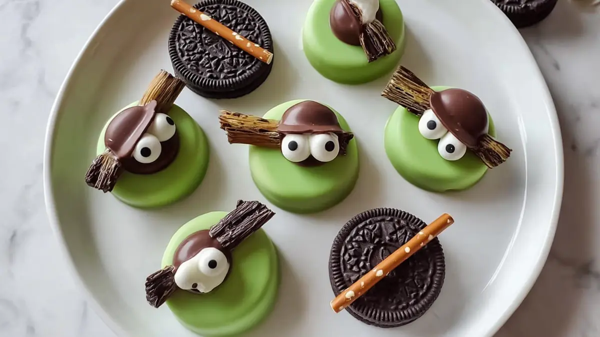 halloween cookies decorated with green frosting, candy eyes, and chocolate witch hats on a white plate