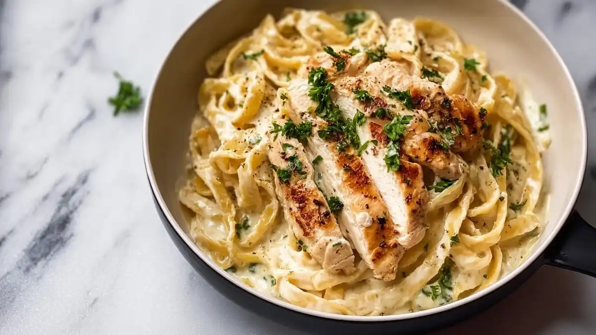 creamy fettuccine alfredo topped with grilled chicken breast and fresh parsley in a pan