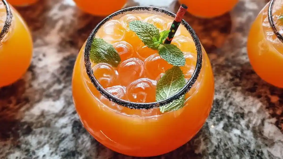 orange halloween punch with black sugar rim, mint garnish, and a straw in a round glass