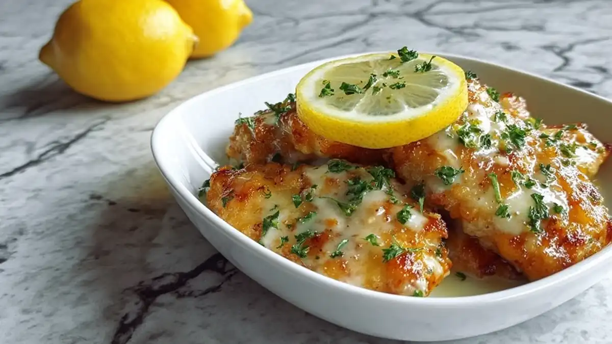 lemon chicken thighs garnished with parsley and topped with a fresh lemon slice