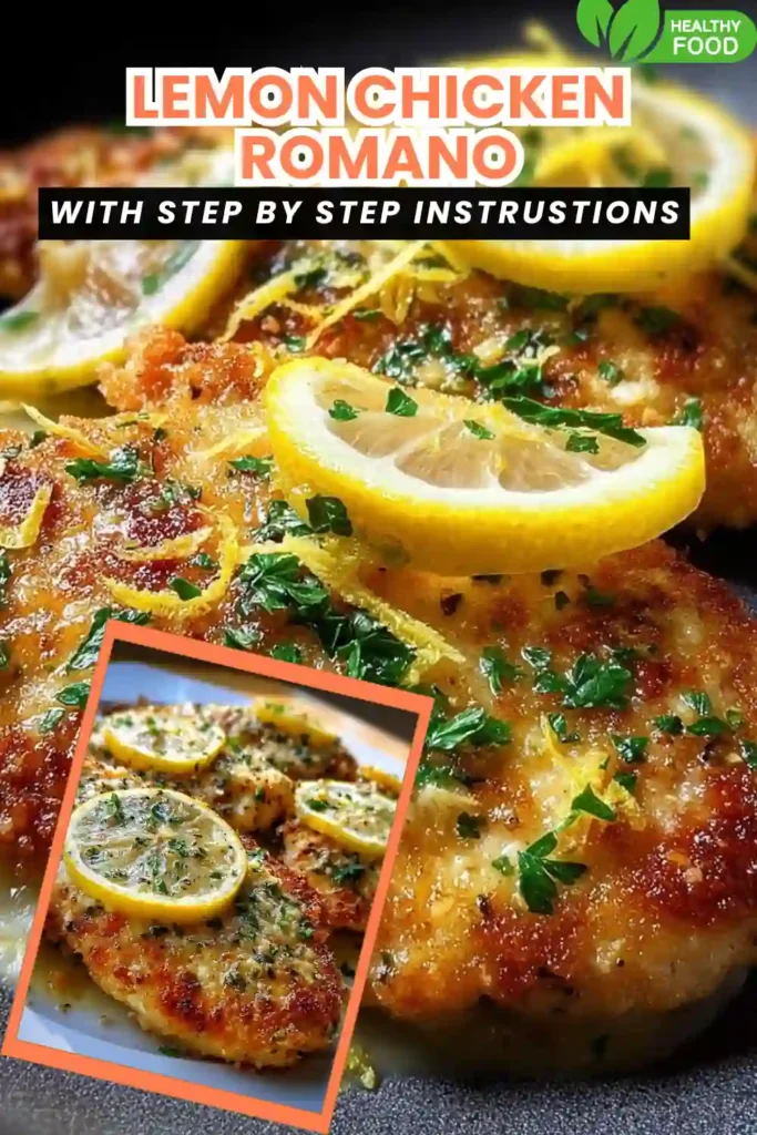 romano-crusted chicken cutlets topped with lemon slices and fresh herbs