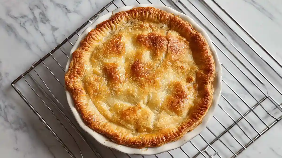 golden brown apple pie with sugar crust on cooling rack over marble countertop