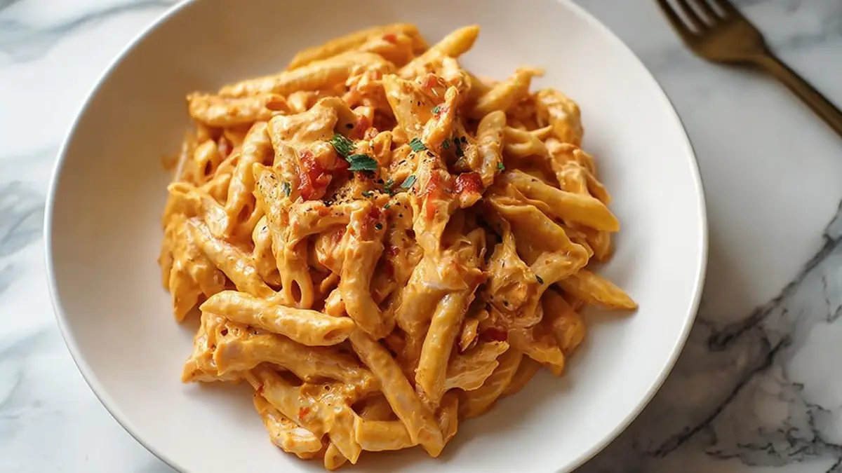 creamy penne pasta in tomato sauce garnished with herbs in white bowl on marble background