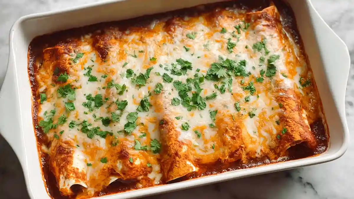 baked enchiladas topped with melted cheese and cilantro in white dish