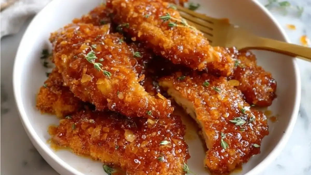 crispy honey-glazed chicken tenders with golden coating and fresh thyme