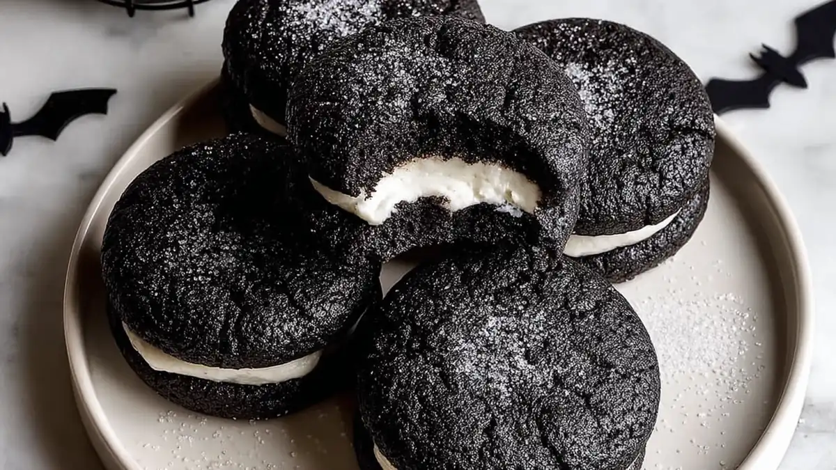 dark chocolate whoopie pies with creamy vanilla filling and sugar dusting