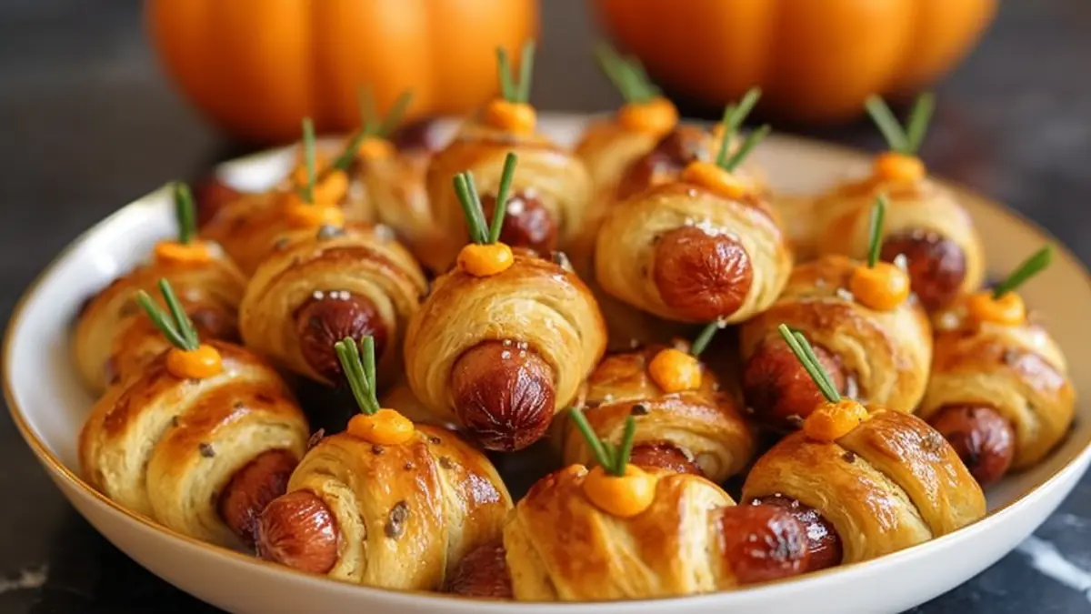 mini sausages wrapped in golden puff pastry with pumpkin decoration and rosemary stems