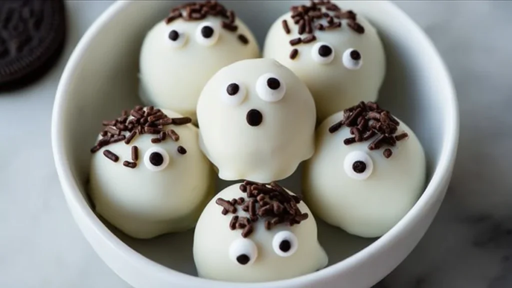 white chocolate ghost truffles with candy eyes and chocolate sprinkles in a bowl