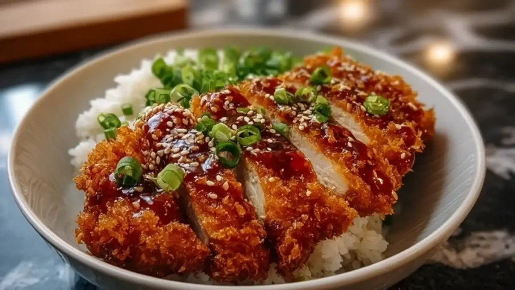 sliced chicken katsu over steamed rice with green onions and sesame seeds