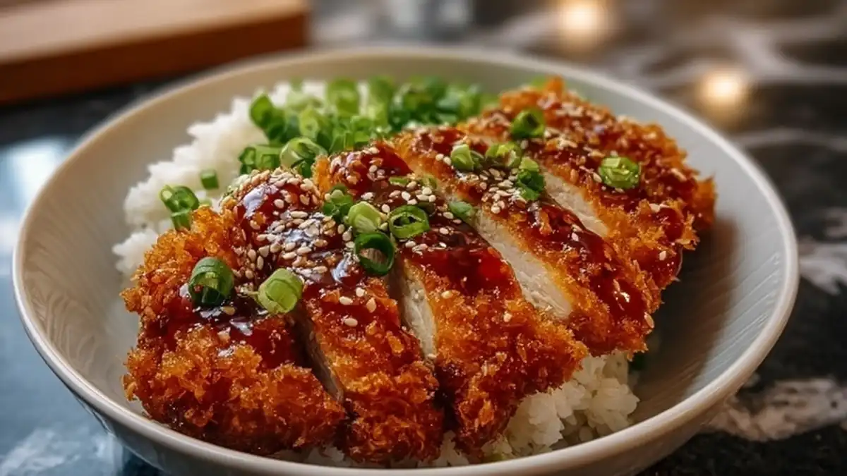 sliced chicken katsu over steamed rice with green onions and sesame seeds
