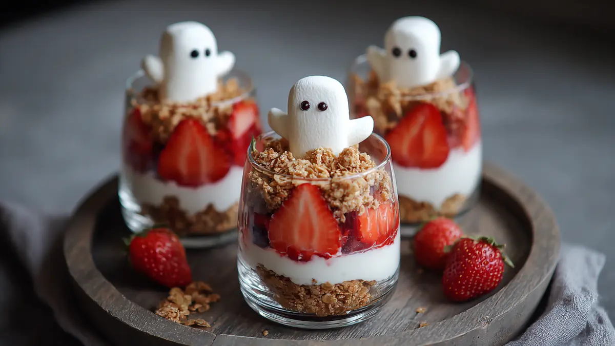 layered parfaits with yogurt, strawberries, granola, and marshmallow ghosts