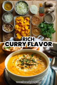 Golden curry soup topped with chopped nuts and herbs, paired with raw ingredients like pumpkin, onions, spices, and ginger