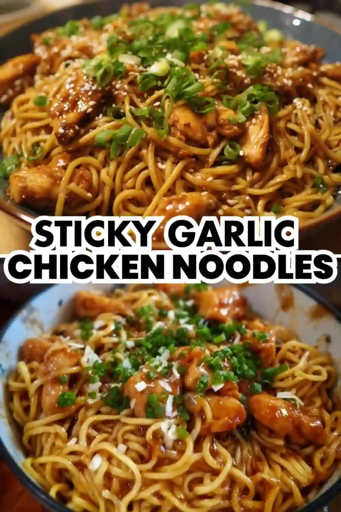 sticky garlic chicken served over noodles with sesame seeds and chopped scallions
