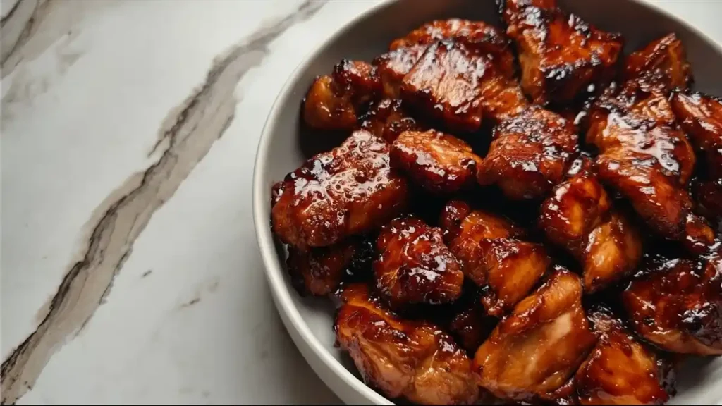 glazed chicken bites coated in thick, glossy sauce in a white bowl