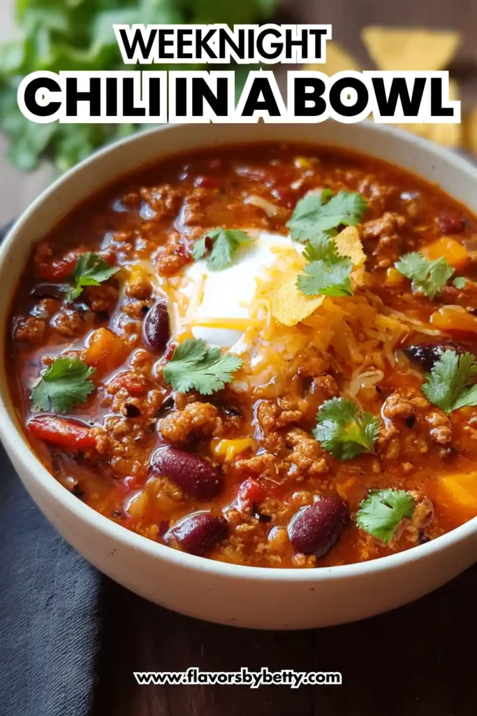 bowl of hearty chili topped with sour cream, cheddar, cilantro, and bold text overlay