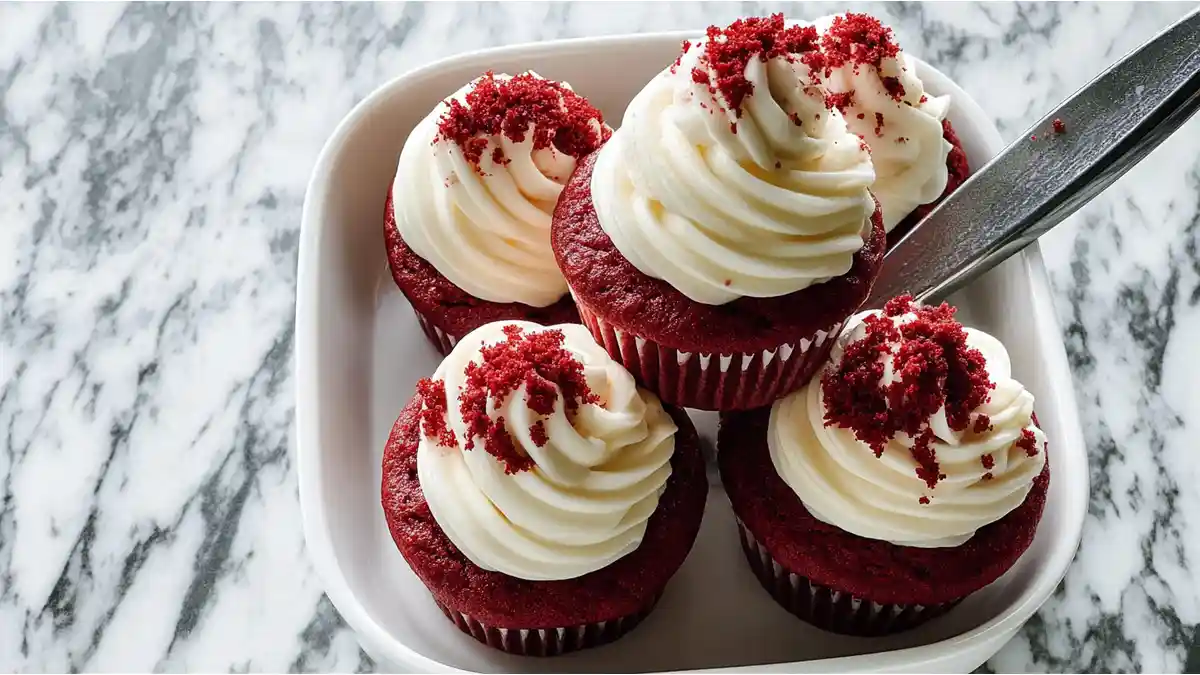 red velvet cupcakes topped with cream cheese frosting and cake crumbs in white dish