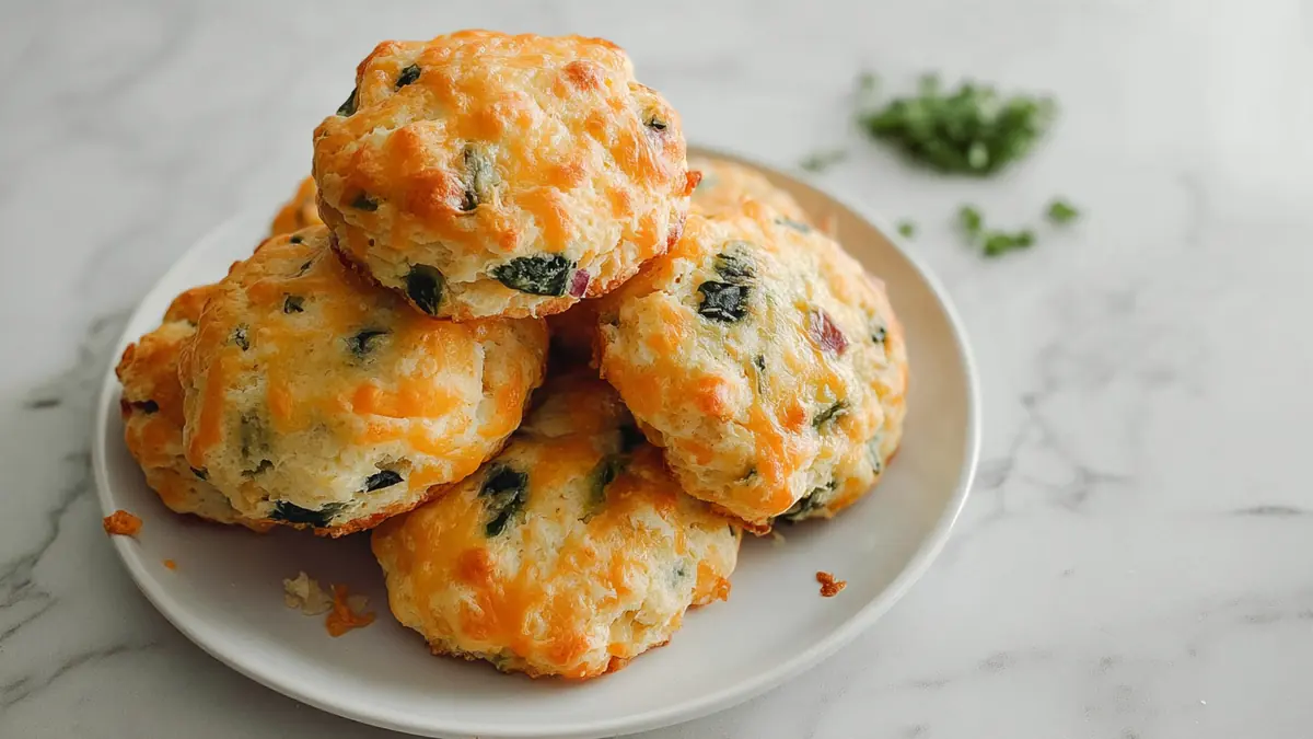 golden flaky cheddar herb biscuits stacked on a rustic wooden board with butter melting on top