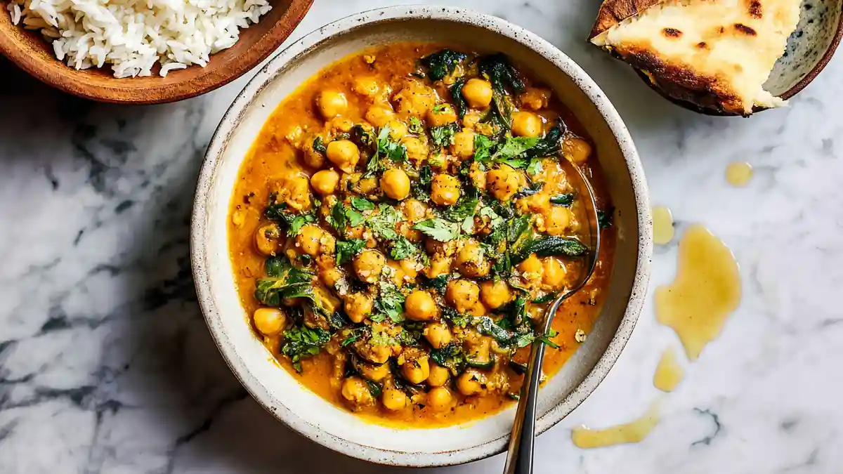 vibrant chickpea spinach curry served in a bowl with rice and naan