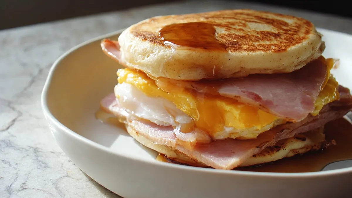 thick pancake stack layered with ham and sunny side eggs, topped with herbs