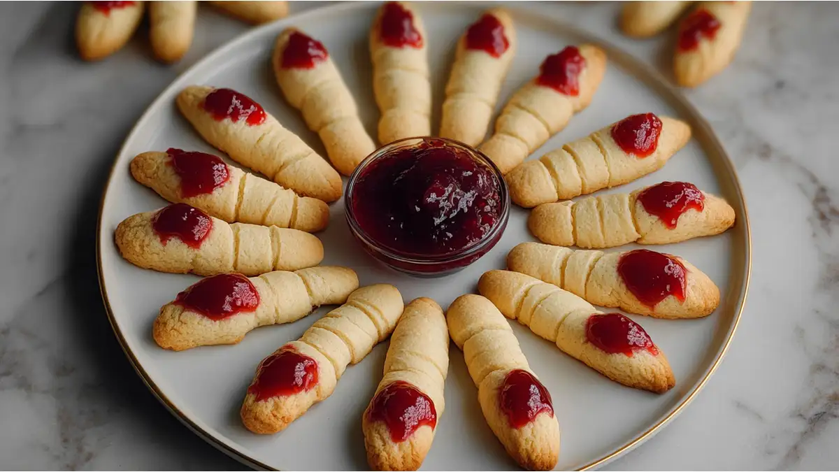 spooky witch finger cookies with strawberry jam and dip arranged in a circle