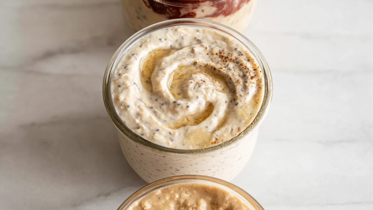 creamy overnight oats in a glass jar swirled with chia seeds and honey