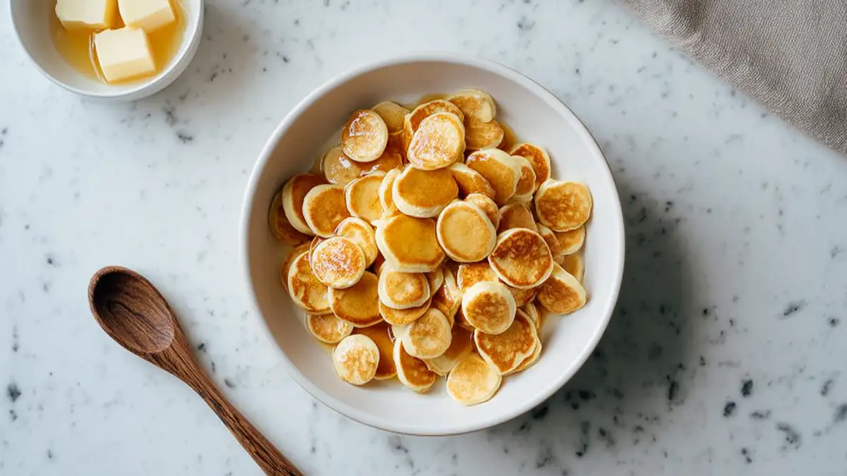 bowl of golden mini pancakes drizzled with syrup on a marble table