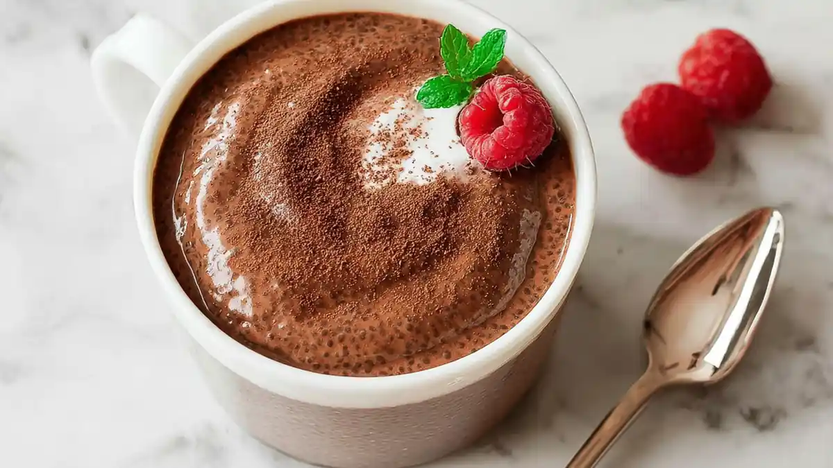 glass jars of chocolate chia pudding topped with fresh raspberries and mint