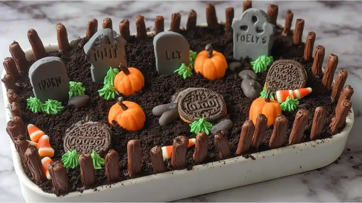 halloween graveyard cake with oreo crumbs, fondant pumpkins, candy headstones and decorations