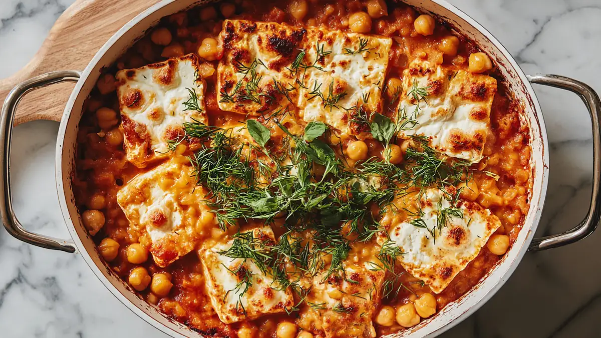 skillet of baked chickpeas in tomato sauce topped with feta and fresh herbs