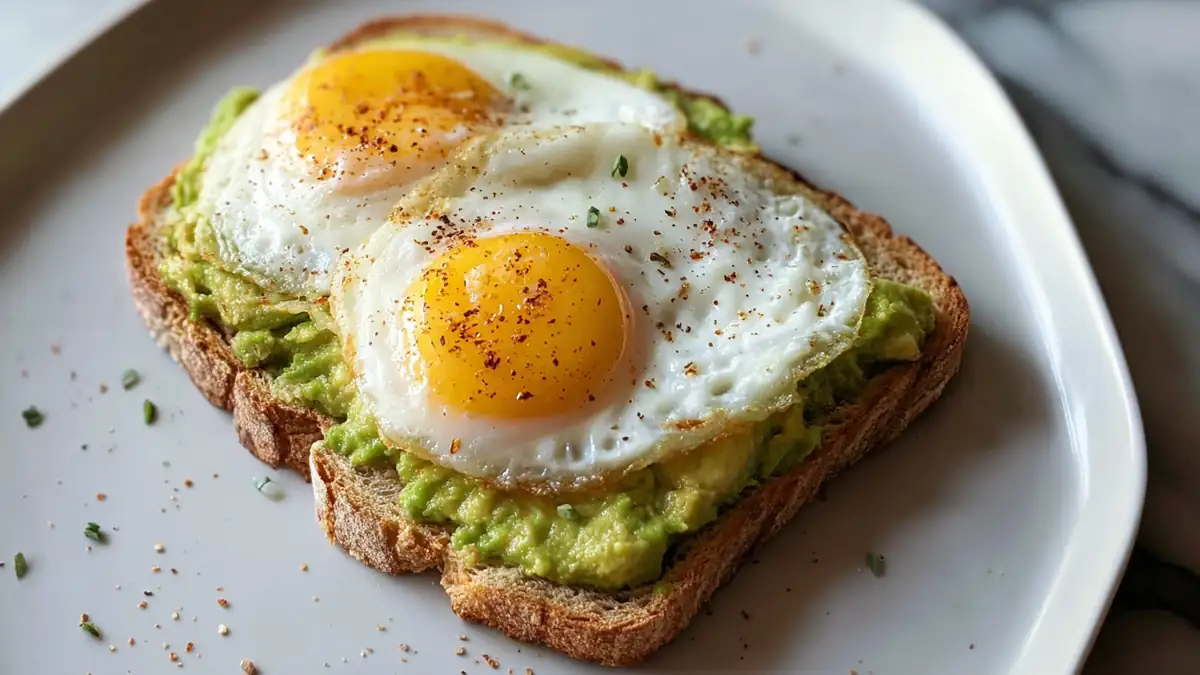 avocado toast topped with sunny side up eggs and microgreens on a ceramic plate