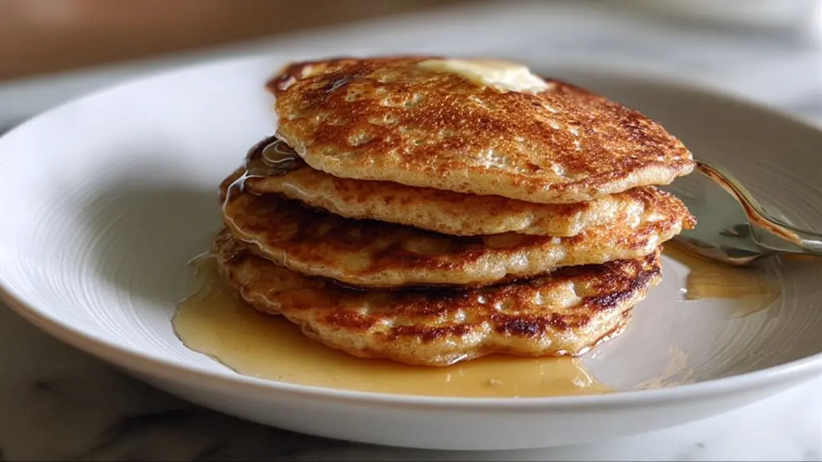 stack of golden buttermilk pancakes topped with syrup and butter