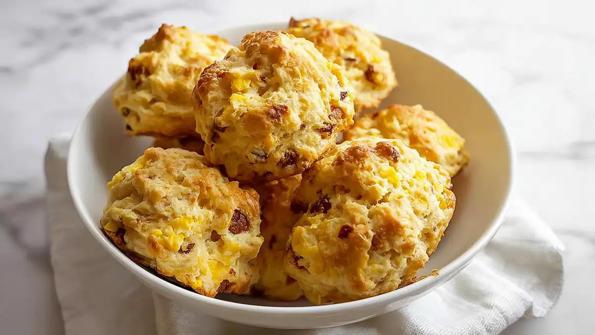 golden cheddar bacon biscuits stacked in a white bowl on a white napkin