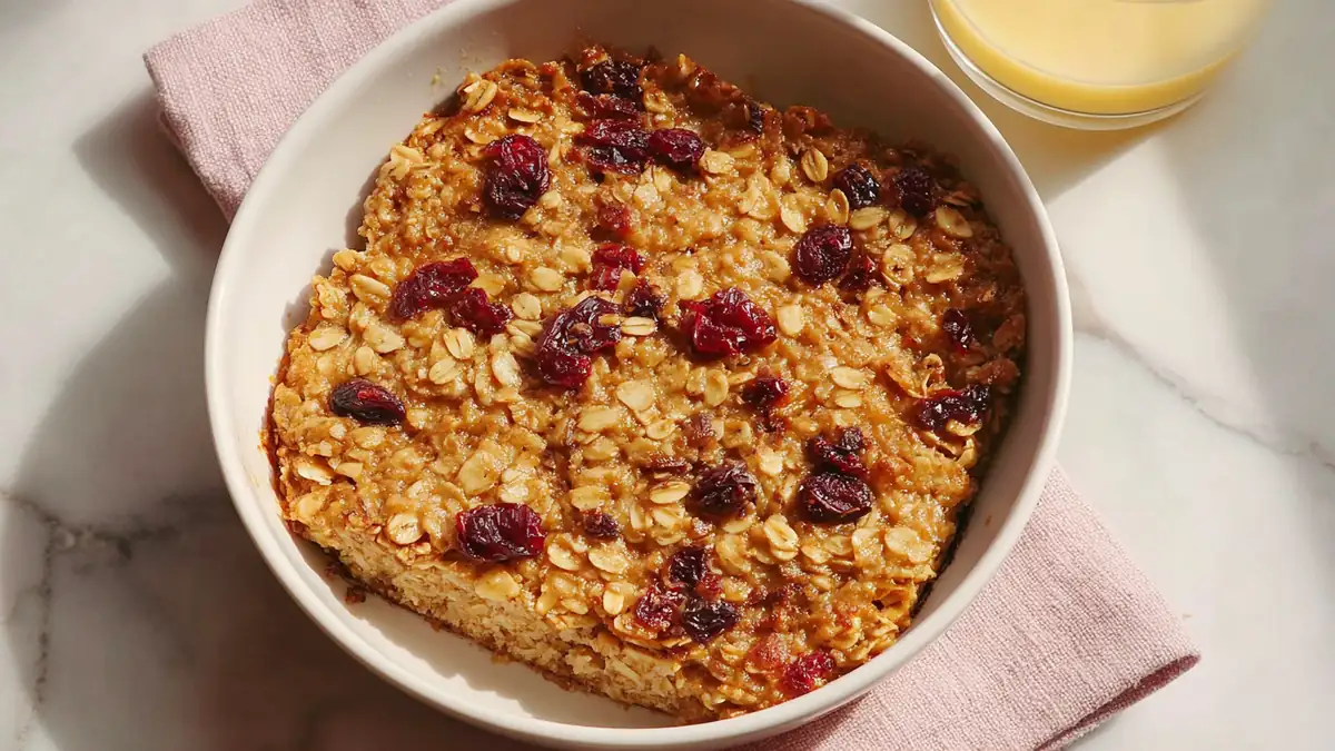 cranberry-studded baked oatmeal in a white bowl with a glass of juice