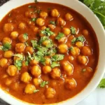 bowl of chickpea curry garnished with fresh cilantro on a marble plate