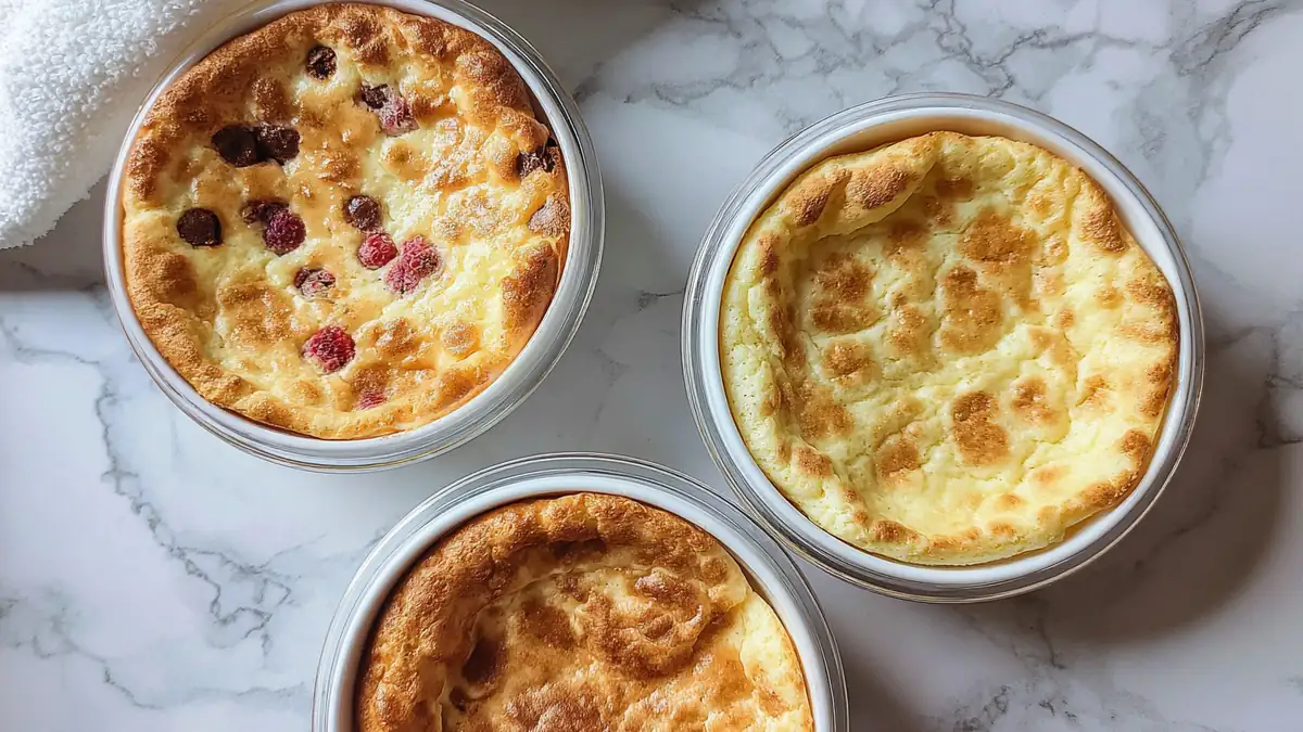 three bowls of baked cottage cheese, one with berries and chocolate chips