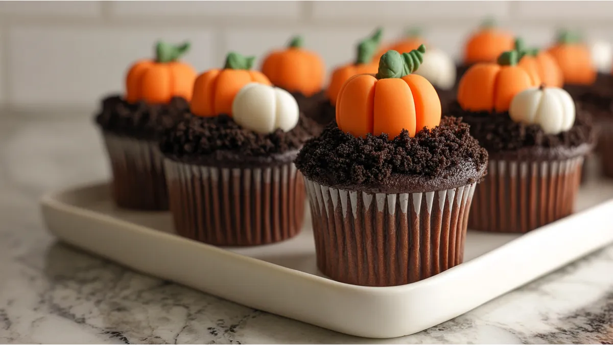 chocolate cupcakes decorated with pumpkin fondant toppers and cookie crumble soil